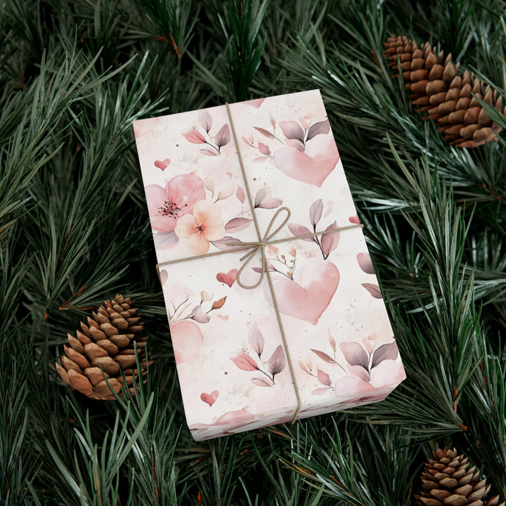 Romantic Floral & Heart Gift Wrap - Soft Pink Watercolor Wrapping Paper - Wedding, Anniversary, Valentine's Day Gift Wrap