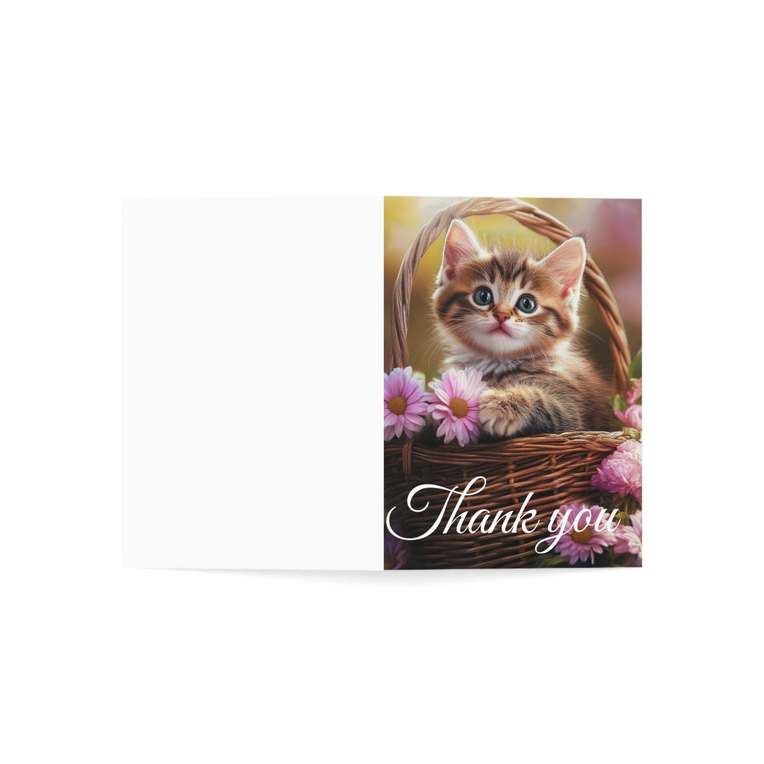 Adorable Kitten Thank You Card - Cute Cat in Basket with Flowers, Perfect for Gratitude Notes, Weddings, Baby Showers, and Special Occasions