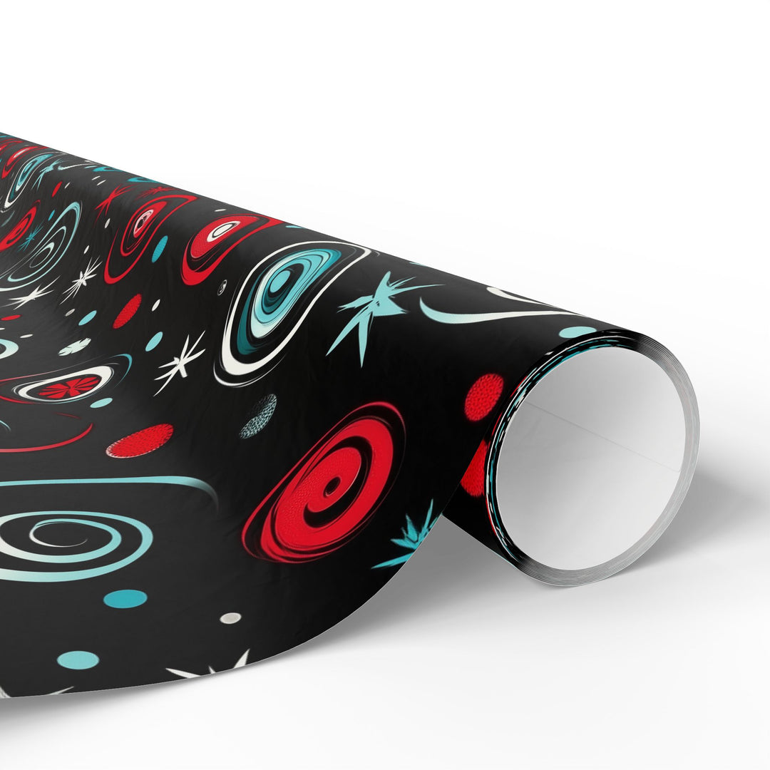 Retro Swirl and Star Gift Wrapping Paper Mid-Century Modern Red, Blue, and White Christmas Wrap Fun Holiday Gift Wrap with Vintage Vibe