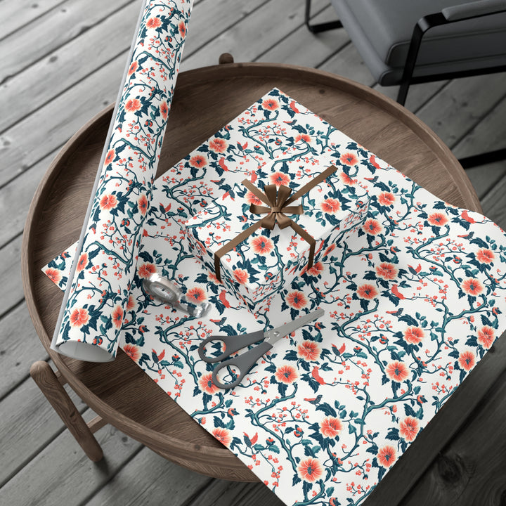 Chinoiserie Floral Gift Wrap with Birds - Elegant Coral & Teal Botanical Wrapping Paper for Weddings, Birthdays and Special Occasions