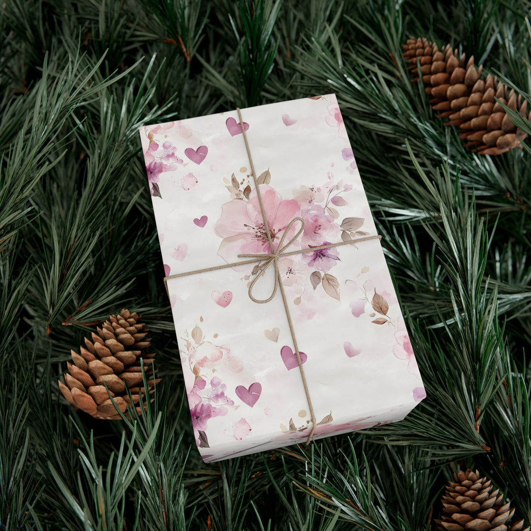 Romantic Floral Gift Wrap - Pink Watercolor Flowers & Hearts - Wedding, Anniversary, Valentine's Day, Elegant Wrapping Paper