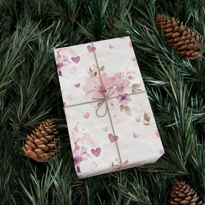 Romantic Floral Gift Wrap - Pink Watercolor Flowers & Hearts - Wedding, Anniversary, Valentine's Day, Elegant Wrapping Paper