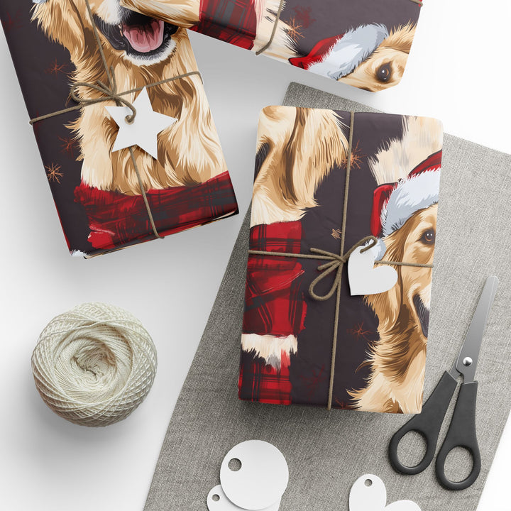 Golden Retriever Christmas Gift Wrap - Santa Hat Dog Wrapping Paper - Festive Pet Gift Wrap for Holidays, Cute Dog Lover Christmas Paper