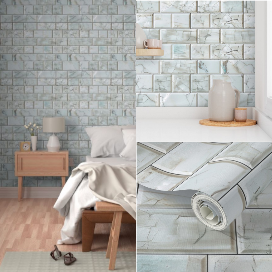 Realistic Marble Tile Look Wallpaper – Peel & Stick, Pre-Pasted, Non-Pasted, Grasscloth, Gold & Silver Metallic Options for Stylish Interiors