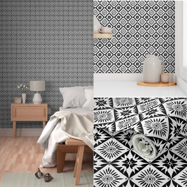 Bold Black & White Tile Pattern Wallpaper – Peel & Stick, Pre-Pasted, Non-Pasted, Grasscloth, Gold & Silver Metallic Options Available