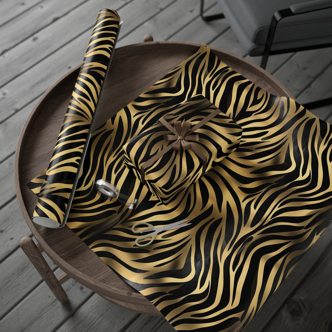 Glamorous Gold Zebra Print Gift Wrapping Paper Bold Animal Print on Black Background Perfect for Luxe Birthdays Holidays, and Stylish Events