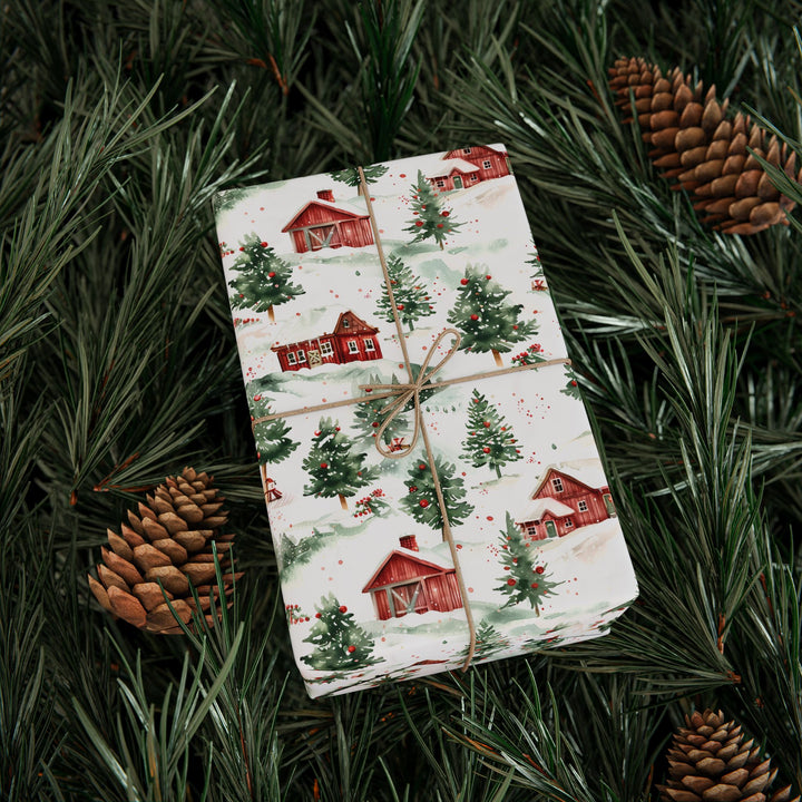 Wrapping Paper - Snowy Red Barn Christmas