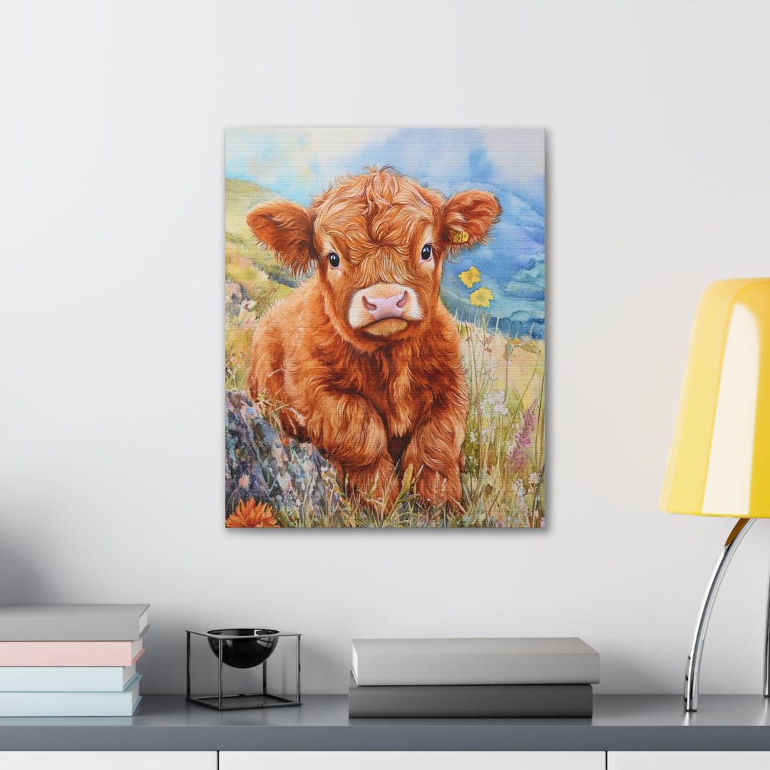 Charming Baby Highland Cow Watercolor Canvas Print – Rustic Farmhouse Wall Art