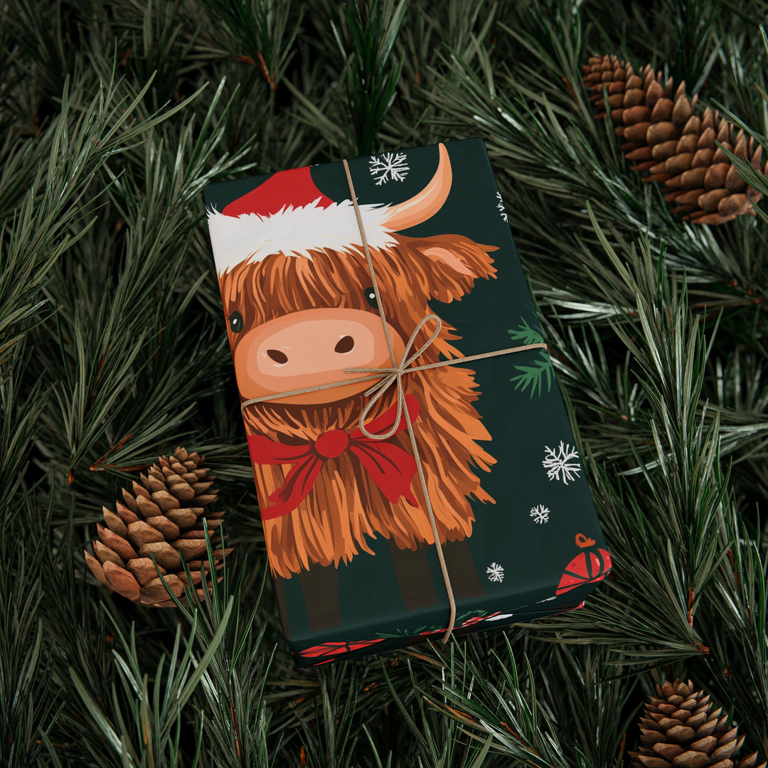 Adorable Christmas Highland Cow Gift Wrapping Paper Festive Cows in Santa Hats Cute Holiday Wrap for Kids Animal Lovers Farm Friends