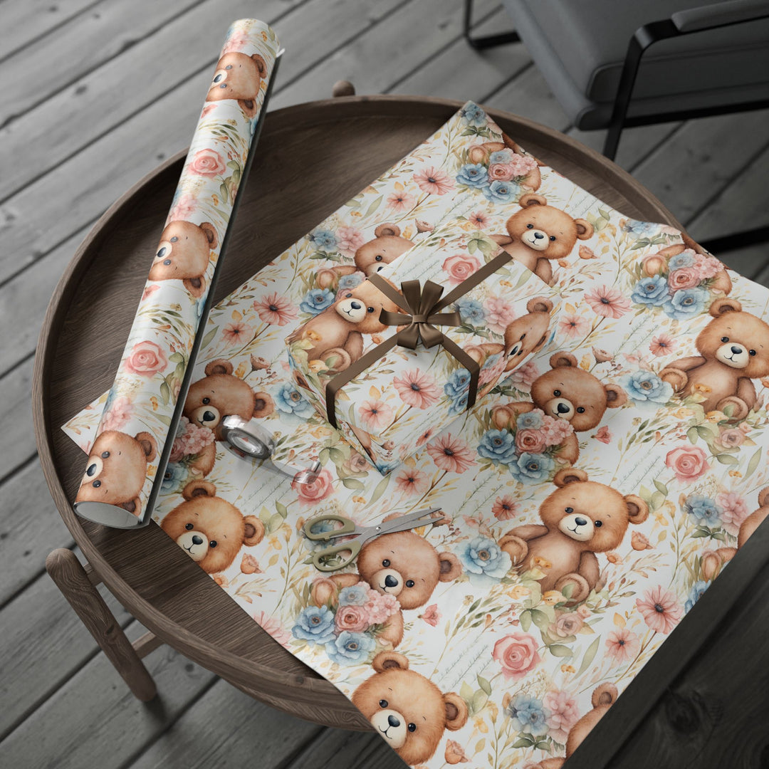 Wrapping Paper - Kids Birthday Teddy Bear and Flowers