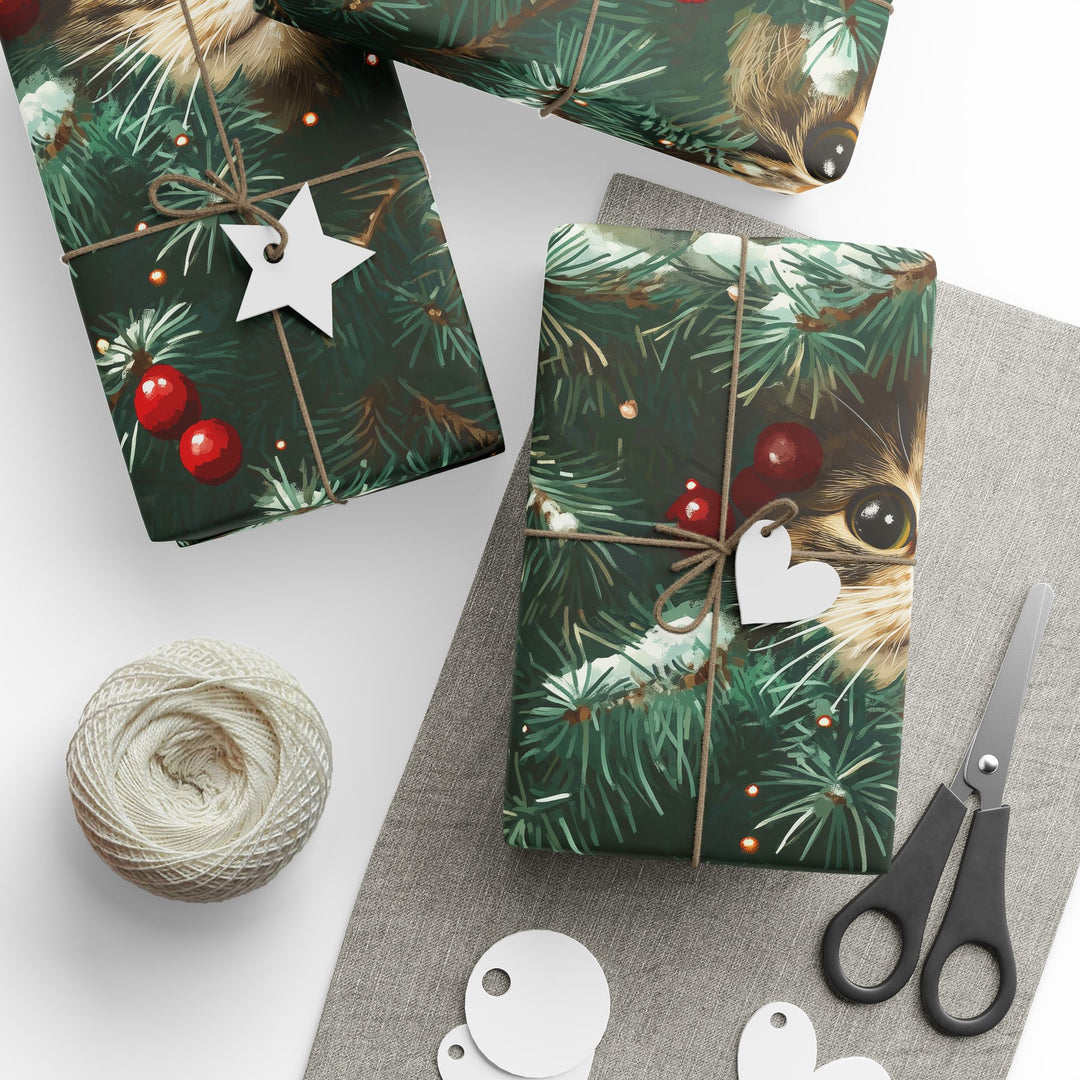 Christmas Cat Gift Wrapping Paper - Festive Holiday Wrap with Curious Cat in Christmas Tree - Cute Pet Themed Gift Wrap for Cat Lovers