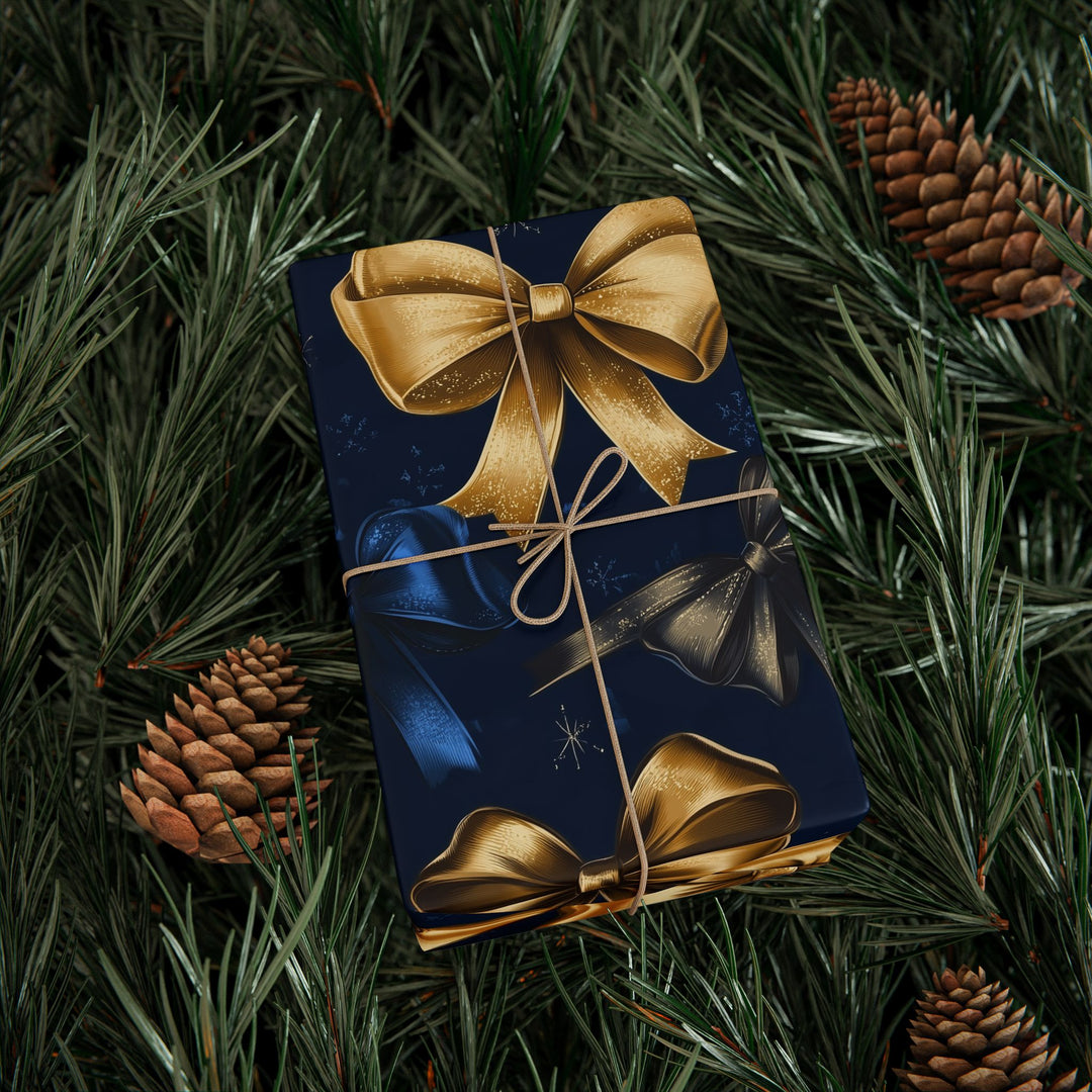 Luxurious Gold and Blue Bow Gift Wrapping Paper Elegant Midnight Blue Background Perfect for Christmas, Weddings, and Special Occasions