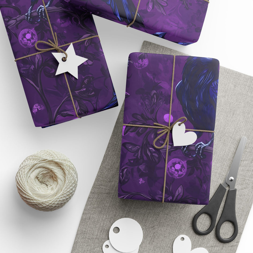 Gothic Raven Gift Wrapping Paper Dark Purple and Black Halloween Crow Design Perfect for Occult, Gothic, and Halloween Themed Gifts