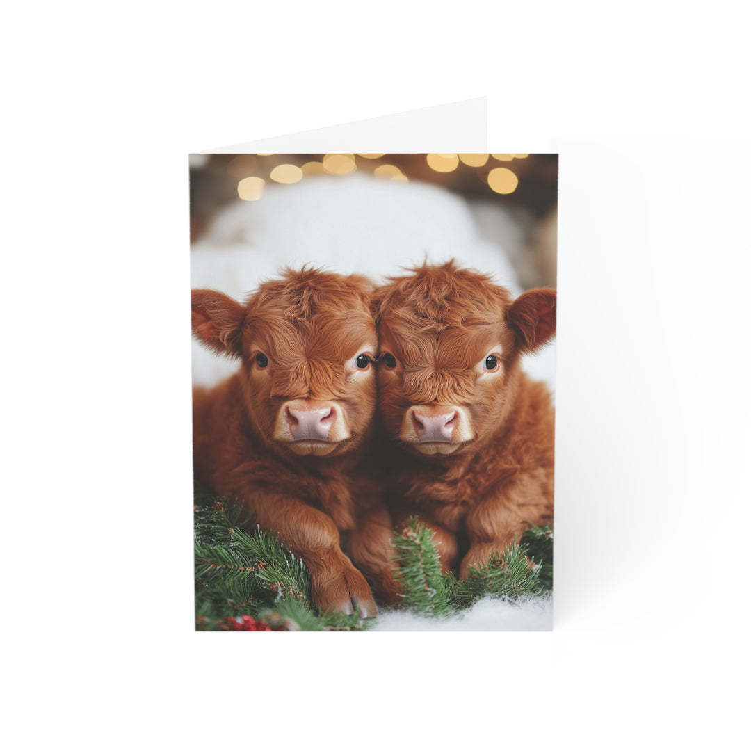 Adorable Baby Highland Cow Christmas Card Cute Holiday Greeting with Festive Twins Rustic Farm Animal Seasonal Stationery