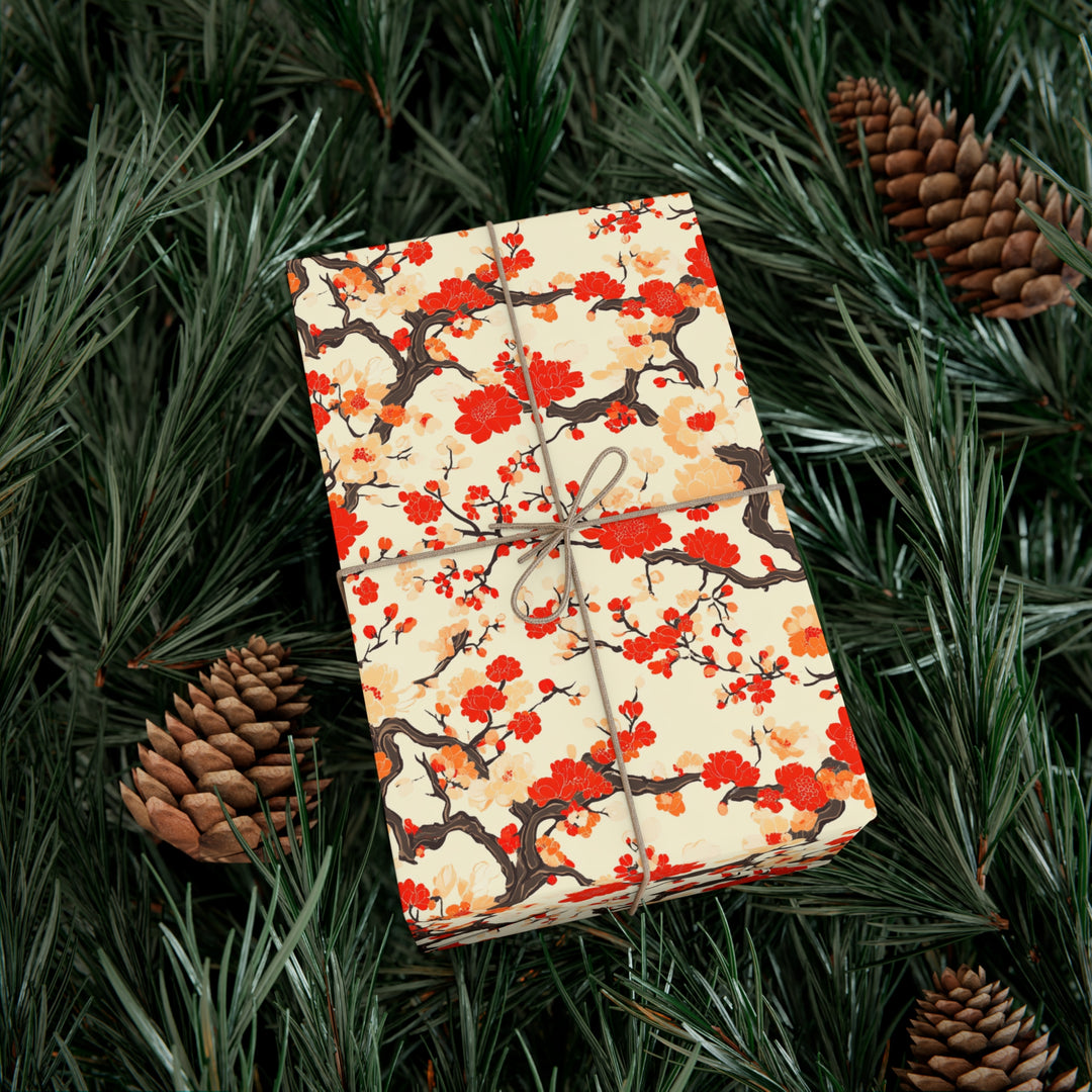 Elegant Chinoiserie Floral Gift Wrap - Red and Peach Peony Blossoms on Cream - Asian-Inspired Wrapping Paper for Weddings & Occasions