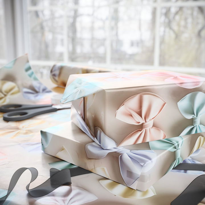 Pastel Bow Gift Wrapping Paper Soft Pink, Blue, and Cream Bows Perfect for Baby Showers, Birthdays, Weddings, or Elegant Spring Gifts