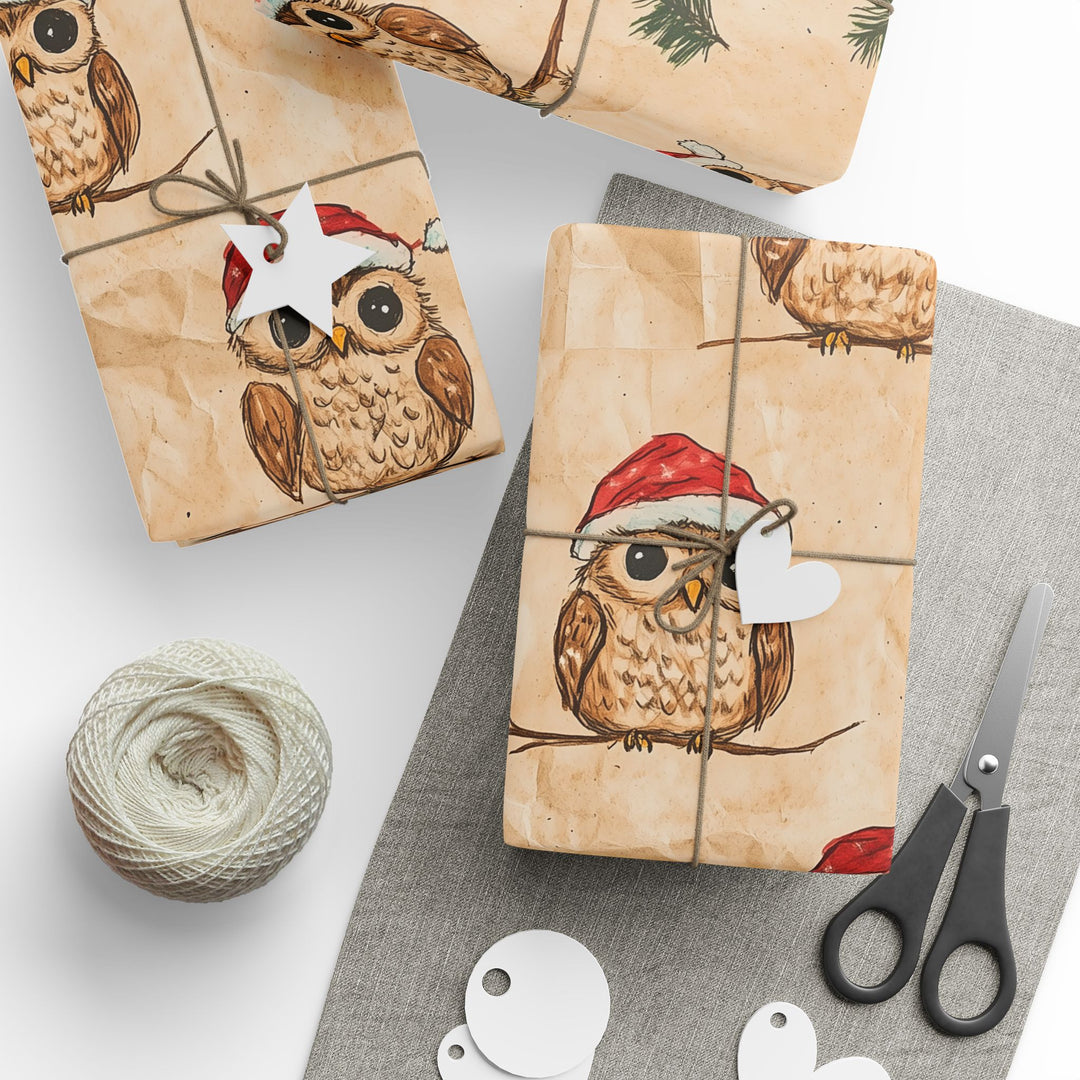 Cute Christmas Owl Gift Wrapping Paper Festive Owls in Santa Hats on Rustic Brown Background Adorable Holiday Gift Wrap for Kids & Adults