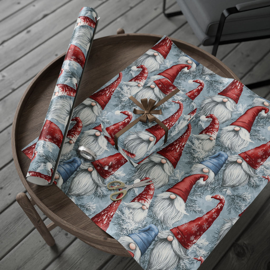 Whimsical Christmas Gnome Gift Wrapping Paper Festive Scandinavian Gnomes with Red Hats & Snowflakes Cute Holiday Wrap for All Ages