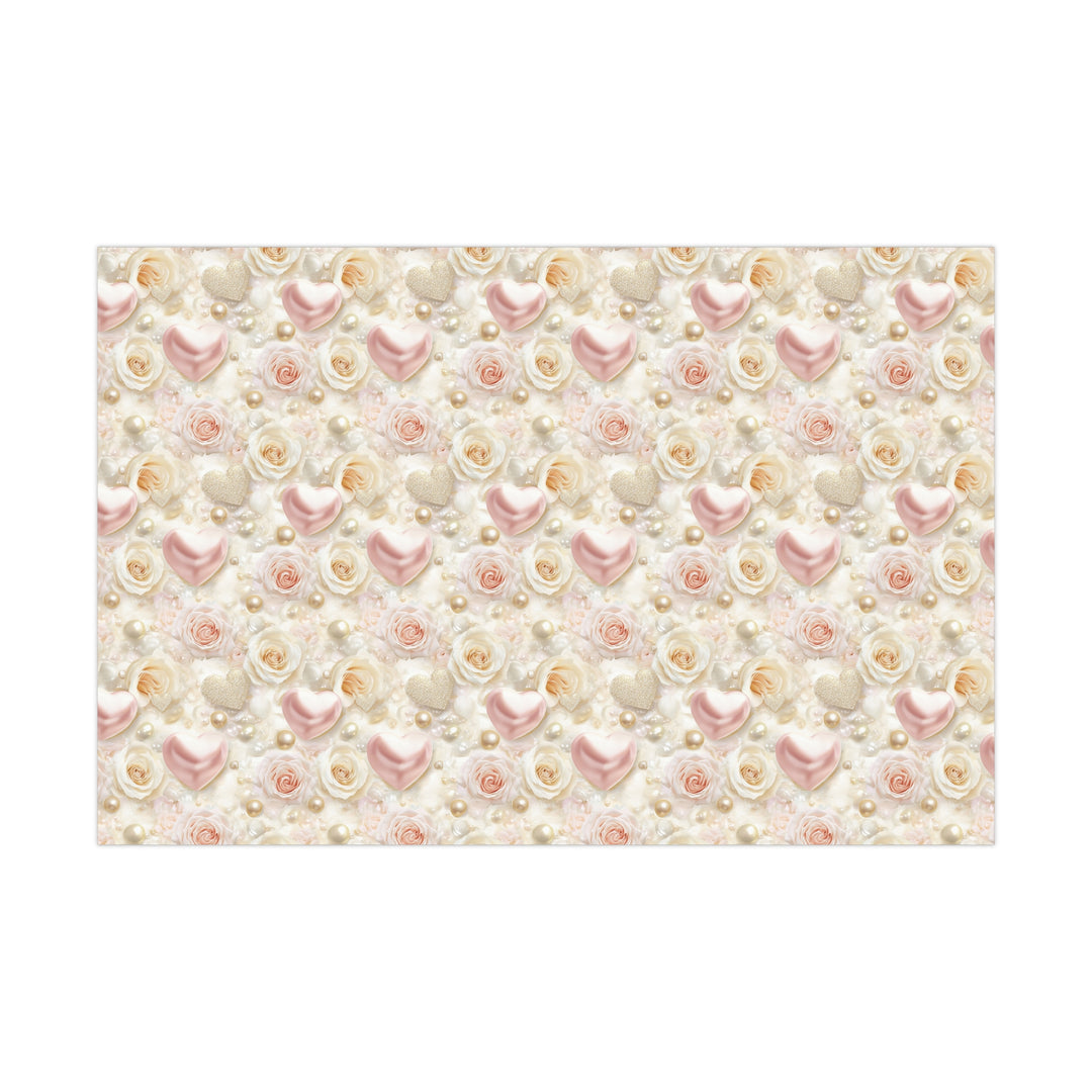 Luxury Pearl and Rose Gift Wrap - Elegant Pink Hearts & Gold Accents - Wedding, Anniversary, Valentine's Day Wrapping Paper