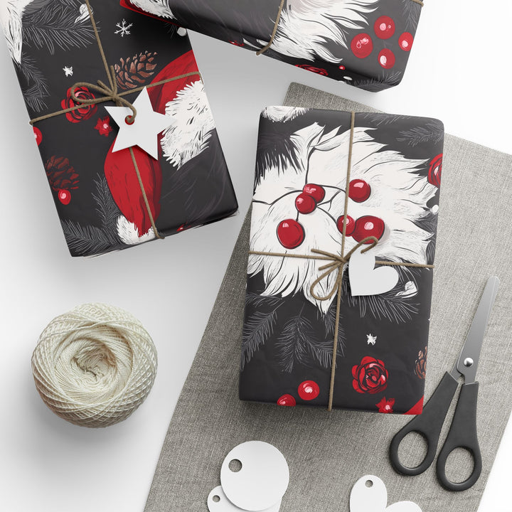 Border Collie Christmas Gift Wrap - Santa Hat Dog Wrapping Paper - Festive Pet Holiday Wrapping Paper with Pinecones & Berries