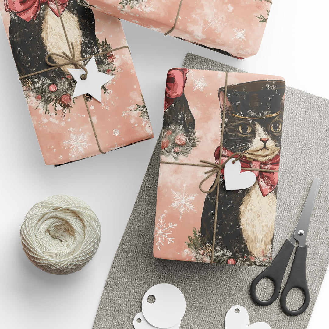 Vintage Christmas Cat Wrapping Paper - Classic Holiday Cats with Bow Ties and Hats Gift Wrap - Cute and Unique Festive Wrapping