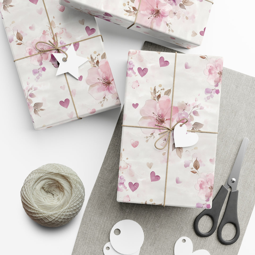 Romantic Floral Gift Wrap - Pink Watercolor Flowers & Hearts - Wedding, Anniversary, Valentine's Day, Elegant Wrapping Paper