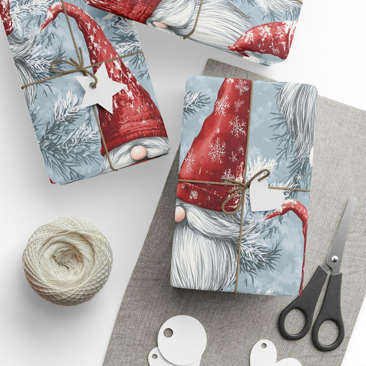 Whimsical Christmas Gnome Gift Wrapping Paper Festive Scandinavian Gnomes with Red Hats & Snowflakes Cute Holiday Wrap for All Ages