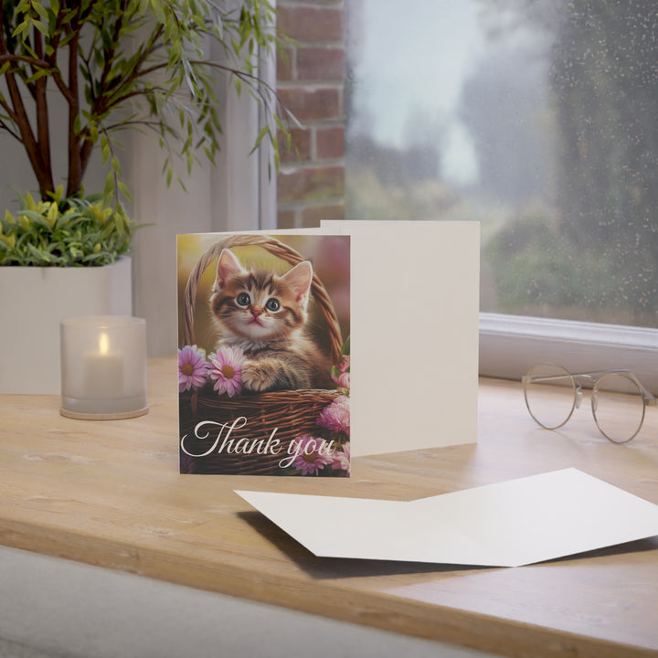 Adorable Kitten Thank You Card - Cute Cat in Basket with Flowers, Perfect for Gratitude Notes, Weddings, Baby Showers, and Special Occasions