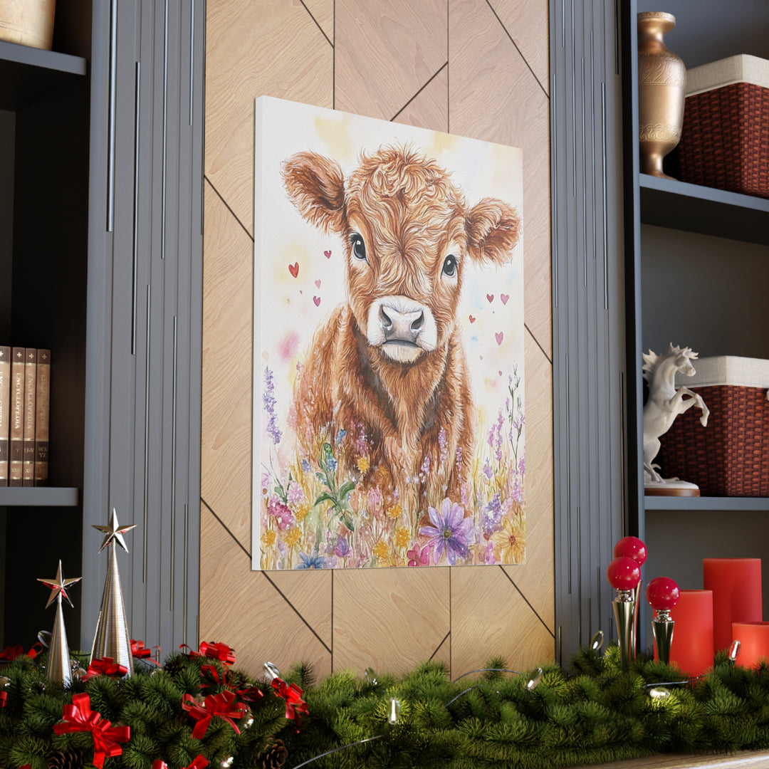 Adorable Highland Cow Watercolor Canvas Print – Rustic Farmhouse Art Decor