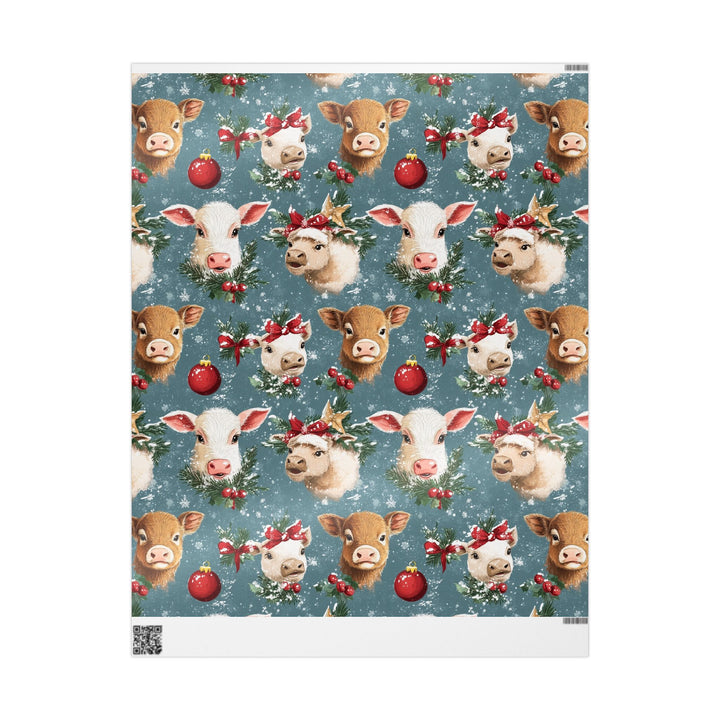 Farm Animal Christmas Wrapping Paper - Cute Calf, Sheep, and Piglet Gift Wrap with Holiday Wreaths & Ornaments - Rustic Farmhouse Style