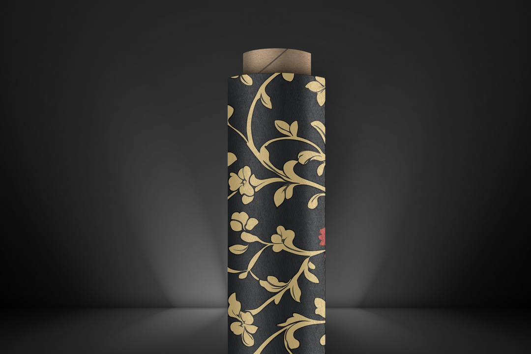 Elegant Black Fabric with Gold Floral Design – Perfect for Home Decor, Apparel & Crafts – Organic & Recycled Fabric Options Available