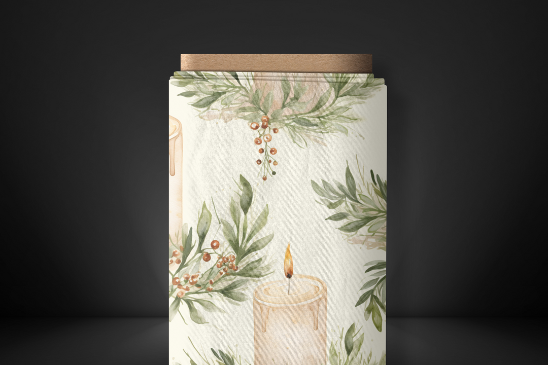 Elegant Candle and Foliage Fabric – Perfect for Quilting, Home Decor, Crafts – Organic, Recycled & Premium Fabric Options Available