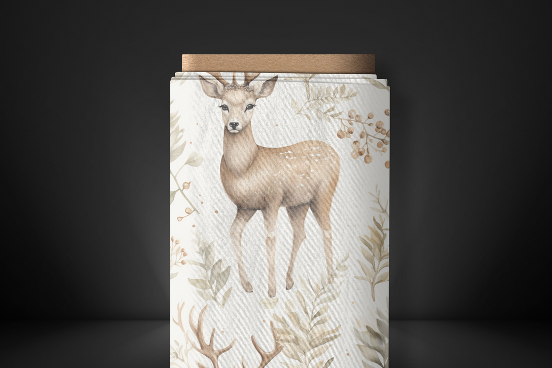 Woodland Deer Fabric with Rustic Foliage – Perfect for Nature-Inspired Quilting, Decor & Apparel – Organic & Recycled Options Available