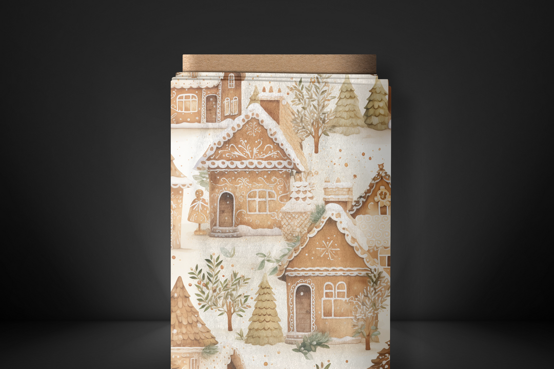 Whimsical Gingerbread Village Fabric – Festive Holiday Print for Quilting, Crafts, and Decor – Organic, Recycled & Various Fabric Options