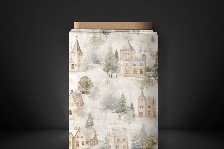 Charming Winter Village Fabric – Snowy Town Print for Quilting, Crafts, Apparel & Decor – Organic, Recycled & More Fabric Options