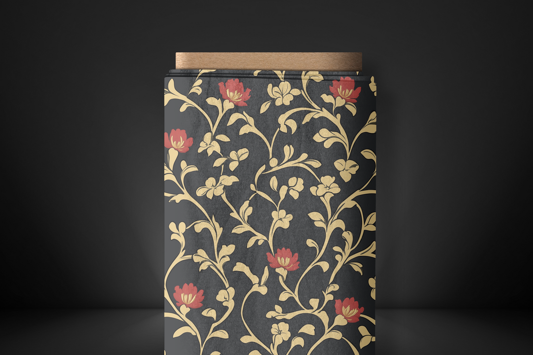 Elegant Black Fabric with Gold Floral Design – Perfect for Home Decor, Apparel & Crafts – Organic & Recycled Fabric Options Available