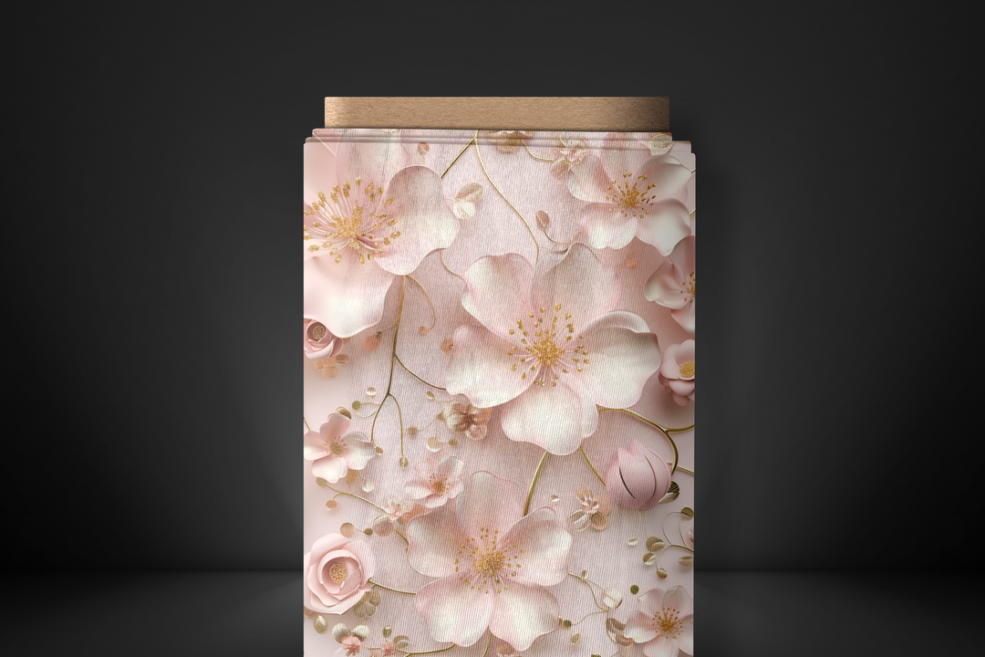 Romantic 3D Floral Fabric in Soft Pink with Delicate Gold Accents – Perfect for Crafts, Decor & Apparel – Organic, Recycled Options Available