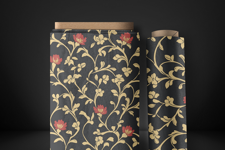 Elegant Black Fabric with Gold Floral Design – Perfect for Home Decor, Apparel & Crafts – Organic & Recycled Fabric Options Available