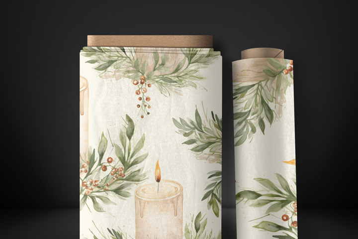 Elegant Candle and Foliage Fabric – Perfect for Quilting, Home Decor, Crafts – Organic, Recycled & Premium Fabric Options Available