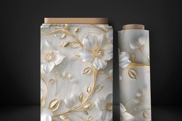 Elegant White and Gold Floral Fabric – Luxury Sewing, Upholstery, Crafts – Organic & Recycled Options for Sustainable Projects