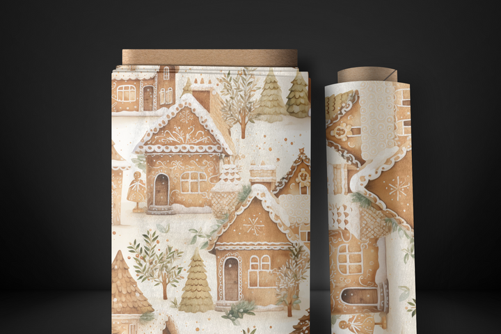 Whimsical Gingerbread Village Fabric – Festive Holiday Print for Quilting, Crafts, and Decor – Organic, Recycled & Various Fabric Options