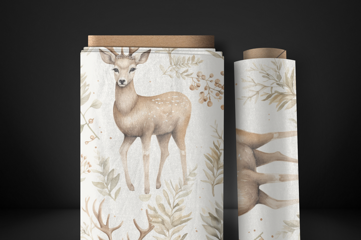 Woodland Deer Fabric with Rustic Foliage – Perfect for Nature-Inspired Quilting, Decor & Apparel – Organic & Recycled Options Available