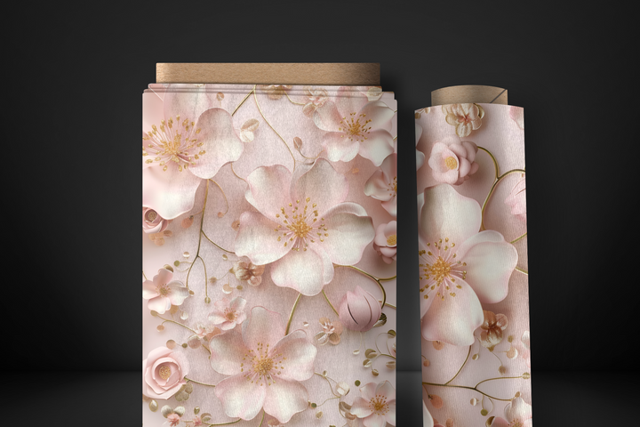 Romantic 3D Floral Fabric in Soft Pink with Delicate Gold Accents – Perfect for Crafts, Decor & Apparel – Organic, Recycled Options Available