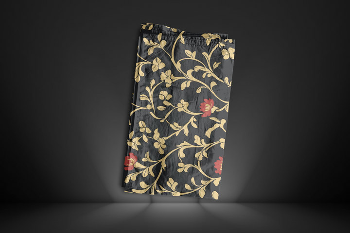 Elegant Black Fabric with Gold Floral Design – Perfect for Home Decor, Apparel & Crafts – Organic & Recycled Fabric Options Available