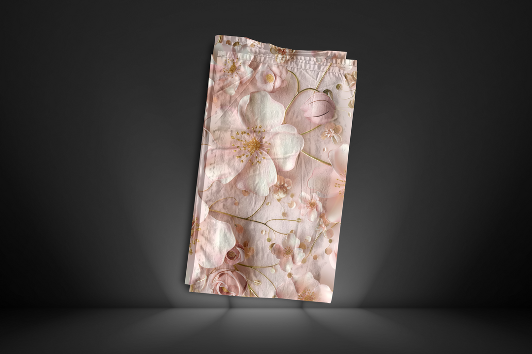 Romantic 3D Floral Fabric in Soft Pink with Delicate Gold Accents – Perfect for Crafts, Decor & Apparel – Organic, Recycled Options Available