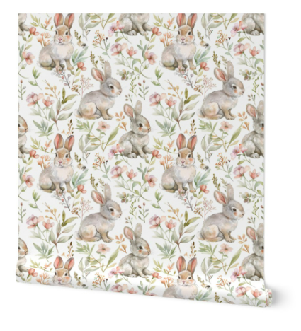 Cute Bunny Rabbit Wallpaper with Wildflower Botanical Pattern – Peel & Stick, Pre-Pasted, Non-Pasted, Grasscloth, Gold & Silver Metallic Options