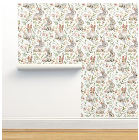 Cute Bunny Rabbit Wallpaper with Wildflower Botanical Pattern – Peel & Stick, Pre-Pasted, Non-Pasted, Grasscloth, Gold & Silver Metallic Options