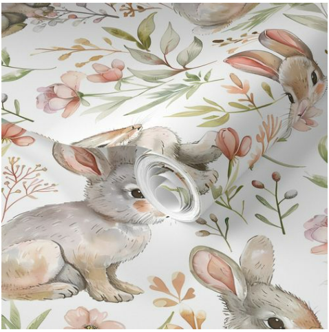 Cute Bunny Rabbit Wallpaper with Wildflower Botanical Pattern – Peel & Stick, Pre-Pasted, Non-Pasted, Grasscloth, Gold & Silver Metallic Options