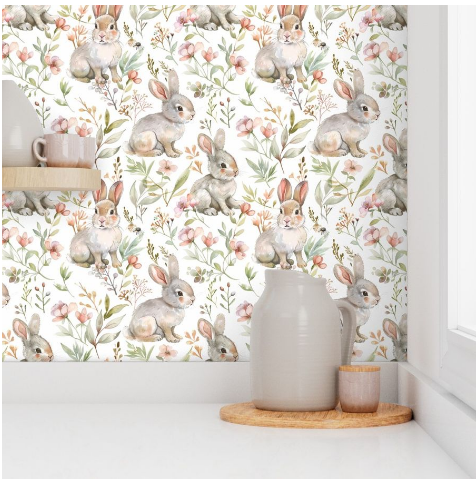 Cute Bunny Rabbit Wallpaper with Wildflower Botanical Pattern – Peel & Stick, Pre-Pasted, Non-Pasted, Grasscloth, Gold & Silver Metallic Options