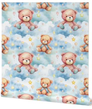 Cute Teddy Bear and Cloud Wallpaper for Nursery or Kids Room – Peel & Stick, Pre-Pasted, Non-Pasted, Grasscloth, Gold/Silver Metallic Options